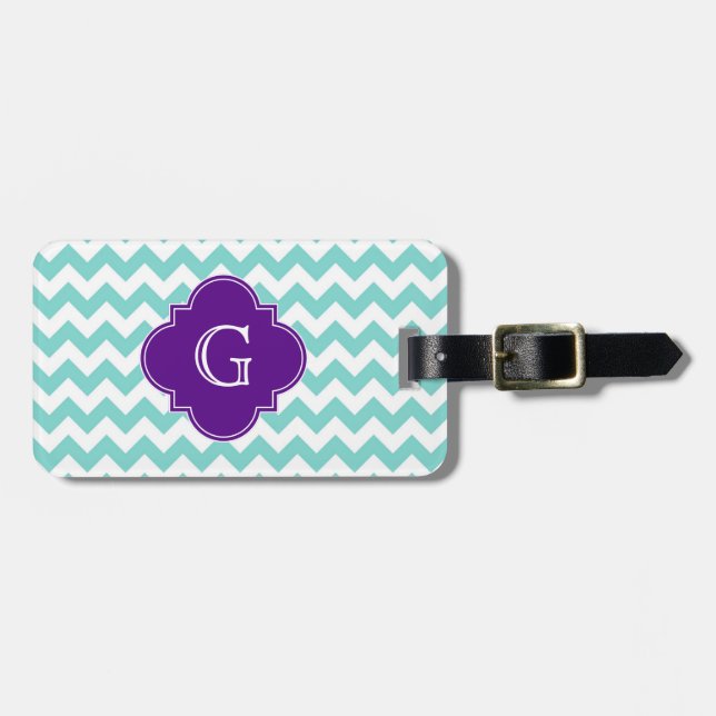 Étiquette À Bagage Turq / Aqua Wht Chevron Purple Quatrefoil Monogram (Devant horizontal)