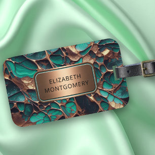 Étiquette À Bagage Turquoise Abstrait et or avec plaque signalétique 