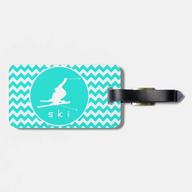 Étiquette À Bagage Turquoise, Aqua Color Chevron; Ski De Neige (Dos horizontal)
