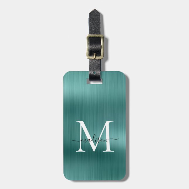 Étiquette À Bagage Turquoise Aqua Vert brossé métallique Script Monog (Devant Vertical)