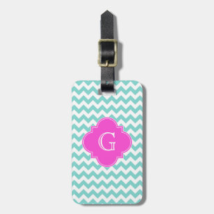 Étiquette À Bagage Turquoise / Aqua White Chevron Quatrefoil Monogram