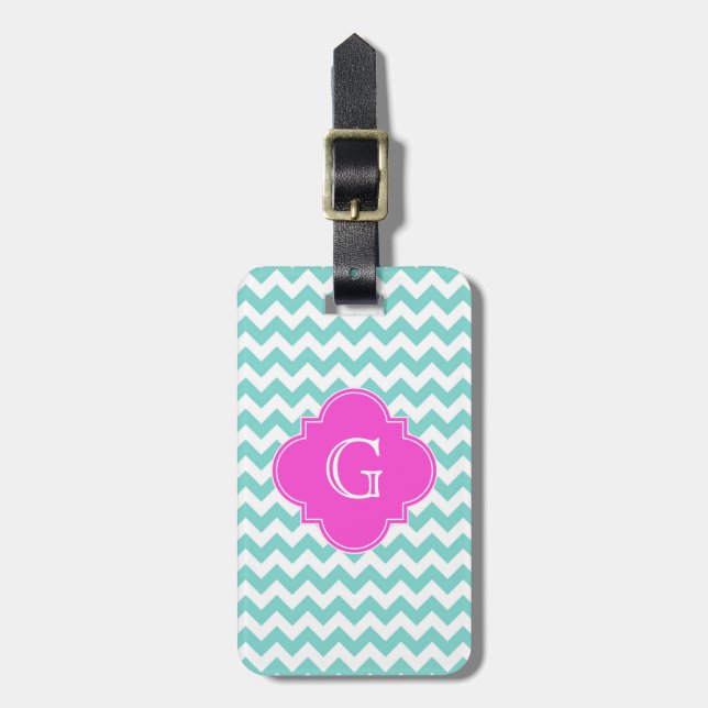Étiquette À Bagage Turquoise / Aqua White Chevron Quatrefoil Monogram (Devant Vertical)