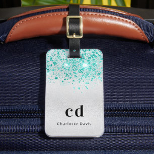 Étiquette À Bagage Turquoise argent parties scintillant mer vert nom 