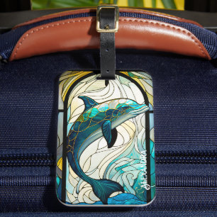 Étiquette À Bagage Turquoise bleu blanc dauphin look de verre tendu