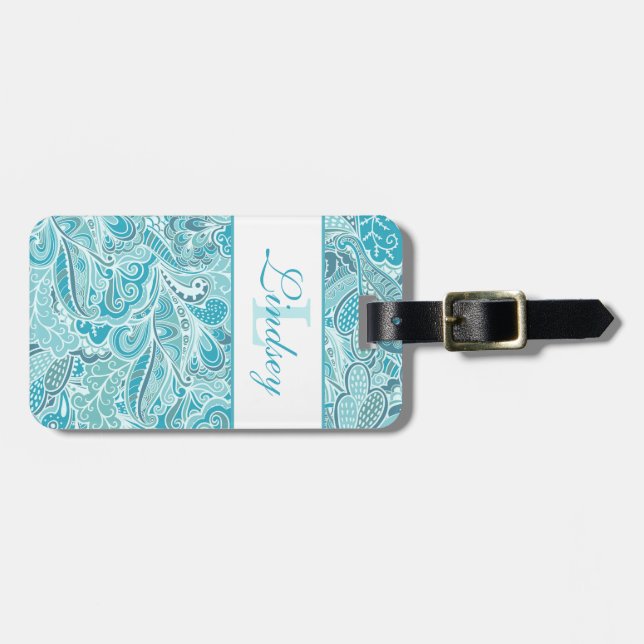 Étiquette À Bagage Turquoise Bleu Et Blanc Paisley Monogramme Bagages (Devant horizontal)