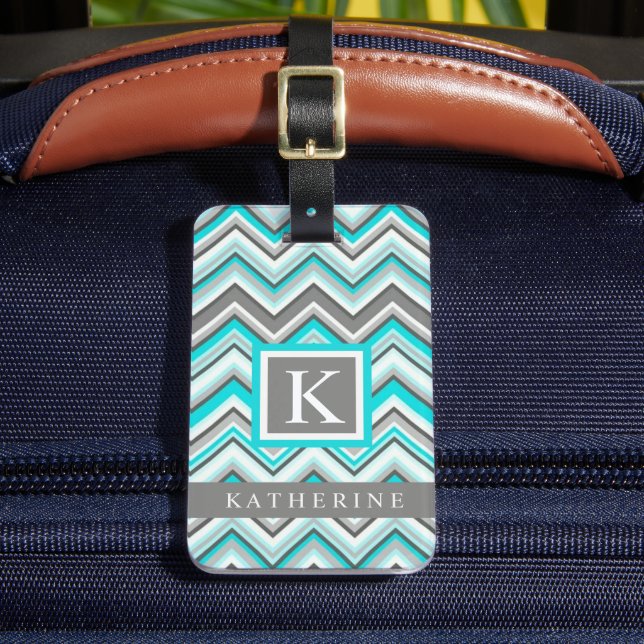 Étiquette À Bagage Turquoise bleu gris vert blanc Motif Chevron (Insitu Rectoal 2)
