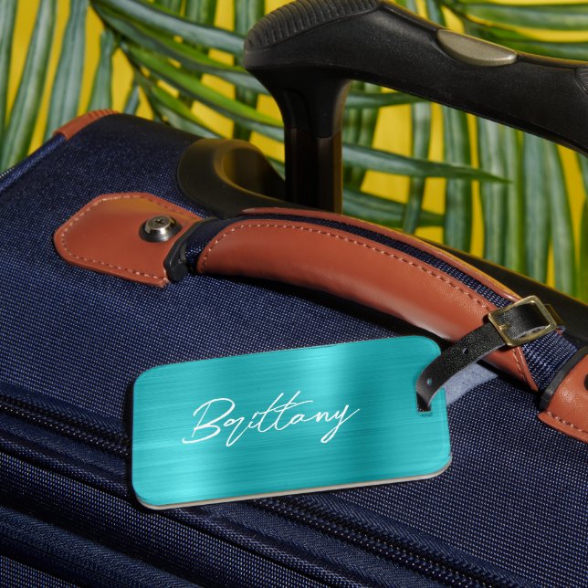 Étiquette À Bagage Turquoise Blue Foil Moderne Brush Script Prénom (Insitu Rectoal 3)