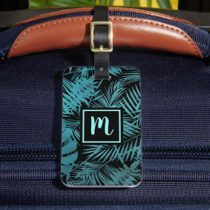 Étiquette À Bagage Turquoise feuille de palme tropicale monogramme mo
