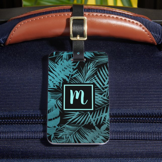Étiquette À Bagage Turquoise feuille de palme tropicale monogramme mo (Insitu Rectoal 2)