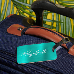 Étiquette À Bagage Turquoise Feuille Moderne Pinceau Écriture Prénom