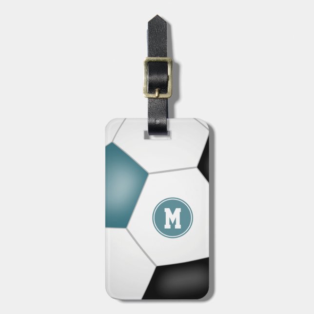 Étiquette À Bagage turquoise noir blanc soccer monogrammé (Devant Vertical)