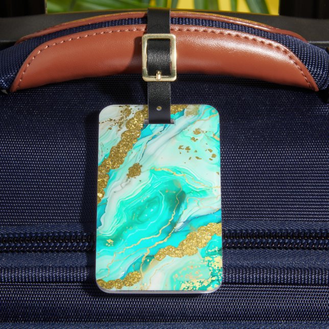 Étiquette À Bagage Turquoise Turquoise Encre d'alcool Faux Or Personn (Insitu Rectoal 2)