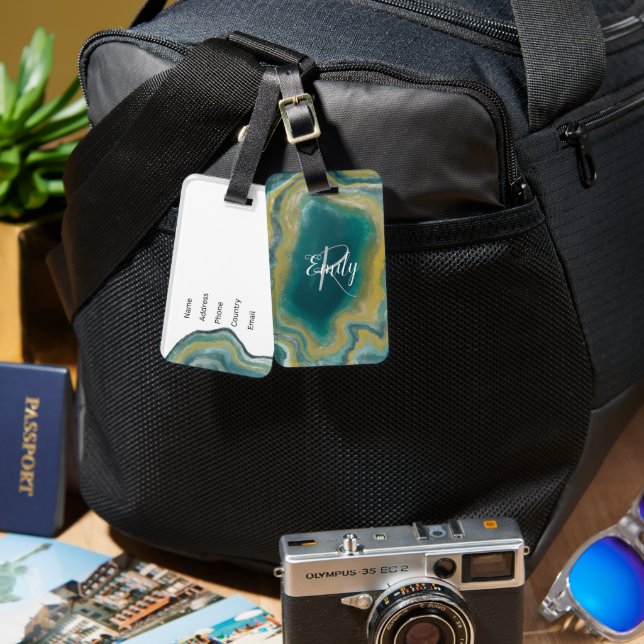 Étiquette À Bagage Turquoise vert Agate marbre Nom Abstrait Monogramm (Recto & Verso)