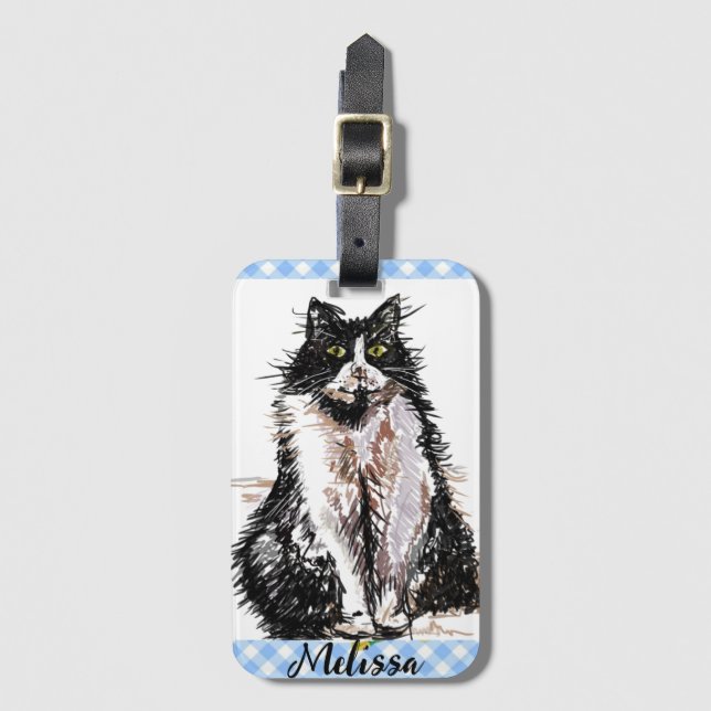 Étiquette À Bagage Tuxedo Chat Cute Dessin Chats Noirs et Blancs Fill (Devant Vertical)