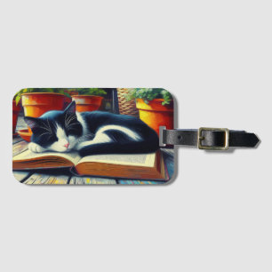 Étiquette À Bagage Tuxedo Chat dormir sur un livre Jardin Peinture