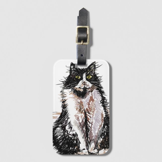 Étiquette À Bagage Tuxedo Chat Funny Chats Dessin d'art Bagage Balise (Devant Vertical)