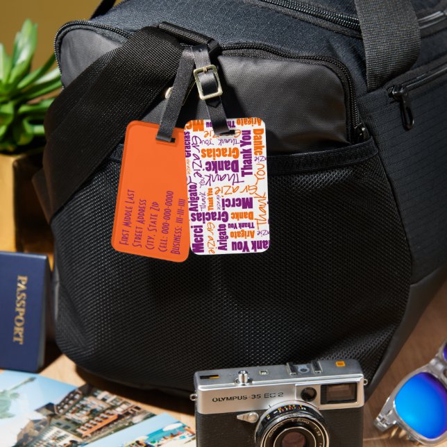 Étiquette À Bagage Typographie de Merci multilingue violet orange (Recto & Verso)