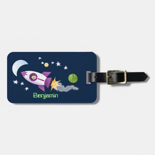 Étiquette À Bagage Un adorable vaisseau-fusée dans l'espace dessin an (Devant horizontal)