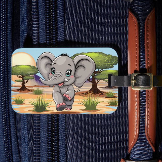 Étiquette À Bagage Un bébé éléphant qui sonne heureux dans la savane  (Insitu Rectoal 4)