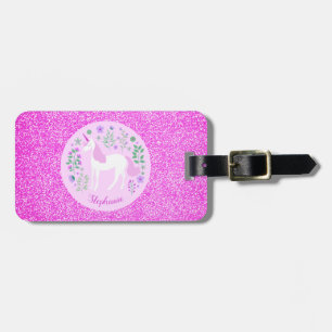 Étiquette À Bagage Unicorn Parties scintillant rose Nom personnalisé