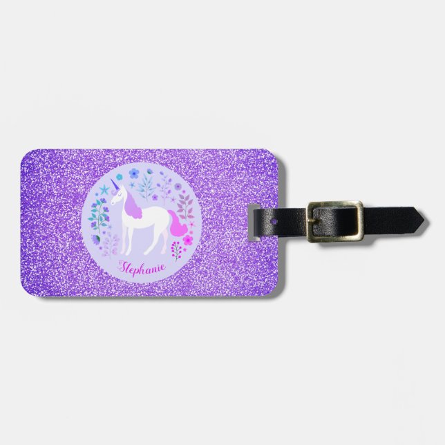 Étiquette À Bagage Unicorn Purple Parties scintillant Nom personnalis (Devant horizontal)