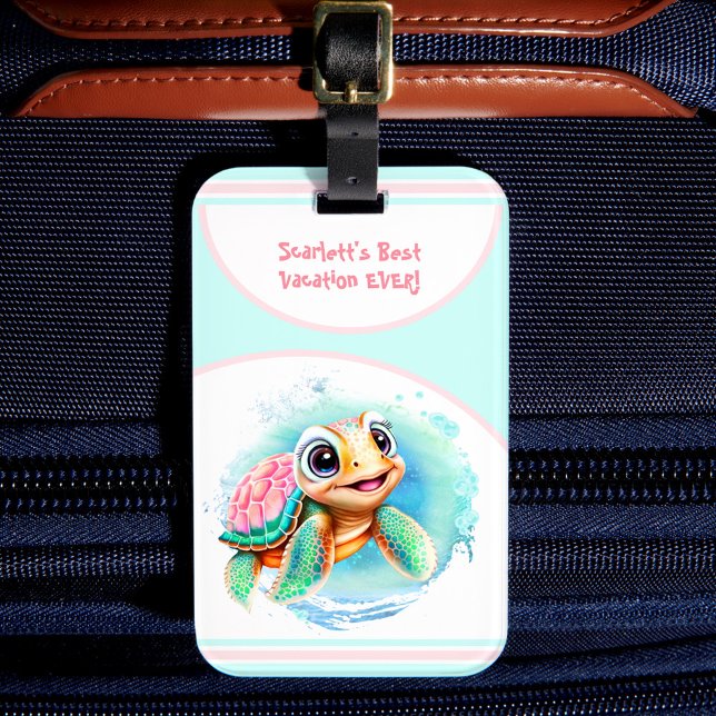 Étiquette À Bagage Vacances été Tortue mignonne Fille personnalisée (Cute Turtle Summer Vacation Personalized Girl Luggage Tag)