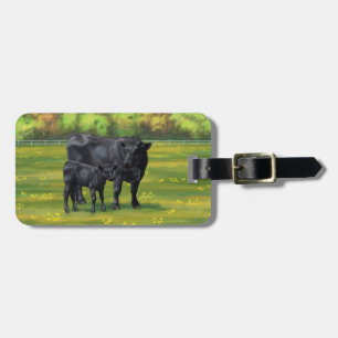 Étiquette À Bagage Vache d'Angus noir et veau mou en pâturage d'été