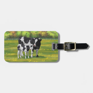 Étiquette À Bagage Vache Holstein et veau mignon en pâturage d'été