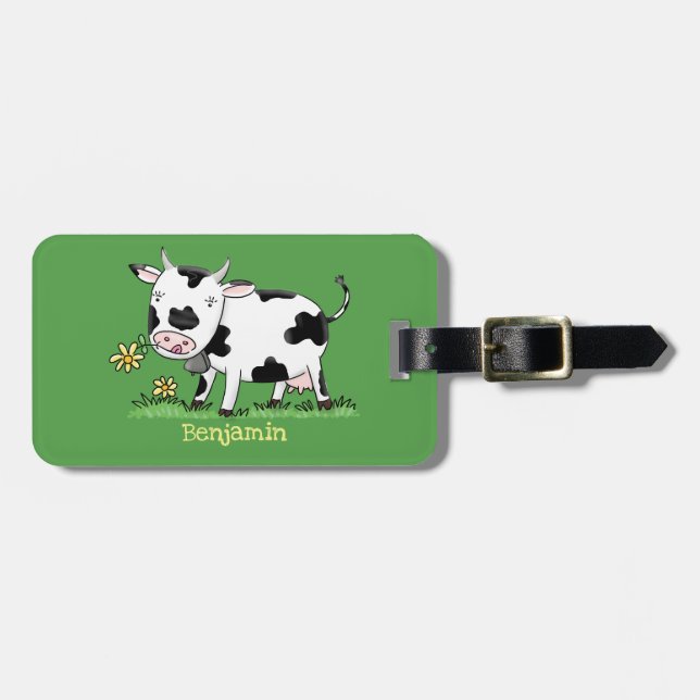 Étiquette À Bagage Vache mignonne en vert dessin animé sur le terrain (Devant horizontal)