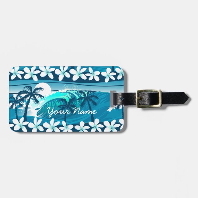 Étiquette À Bagage vague de surf tropicale avec palme (Devant horizontal)