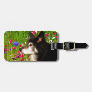Étiquette À Bagage Valentine Frontière Collie avec de belles fleurs
