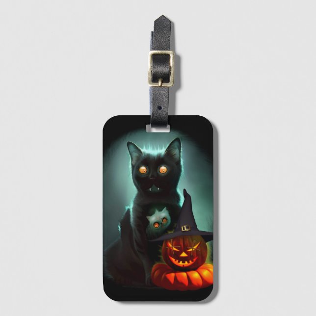 Étiquette À Bagage Vampire Chat et Assistant Citrouille Halloween Sur (Devant Vertical)