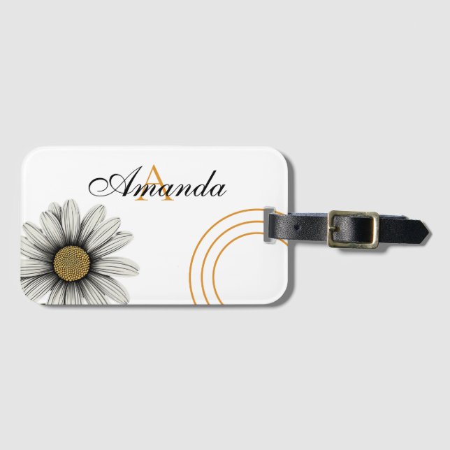 Étiquette À Bagage Vecteur blanc & marguerite jaune Floral Monogramme (Devant Horizontal)