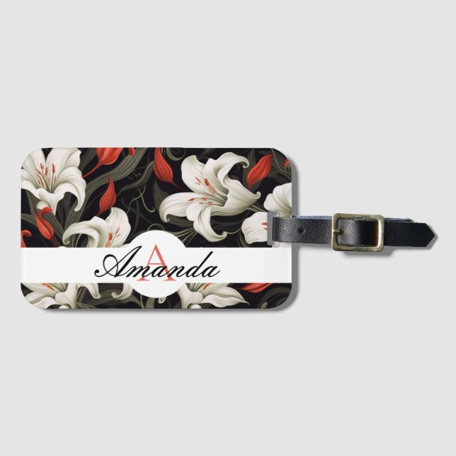 Étiquette À Bagage Vector Blanc & Rouge Lys Motif Monogramme (Devant Horizontal)