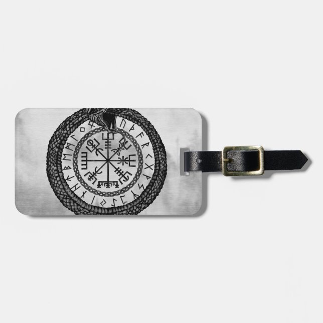 Étiquette À Bagage Vegvisir avec Ouroboros et runes - gamme de gris (Devant horizontal)