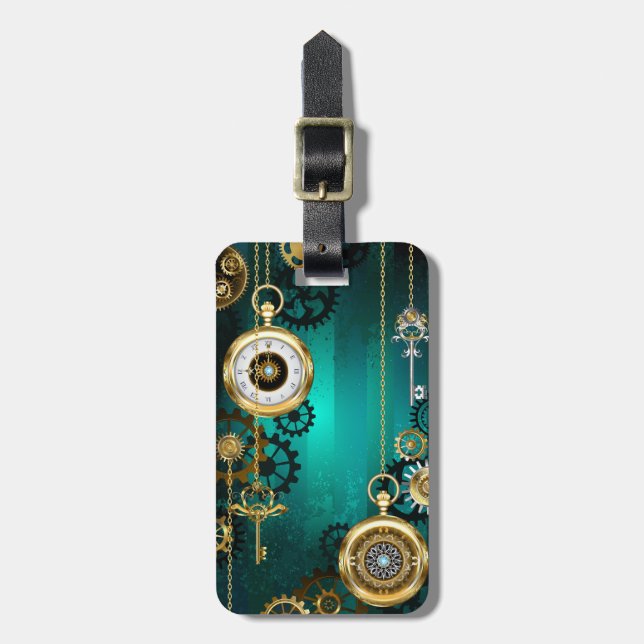 Étiquette À Bagage Veille bijoux Steampunk sur un Arrière - plan vert (Devant Vertical)
