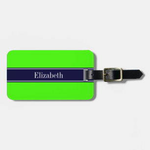 Étiquette À Bagage Vert Citron Uni, Ruban Bleu Marine Monogramme Nom