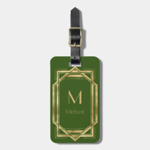 Étiquette À Bagage Vert et Or Géométrique   Monogramme & Nom