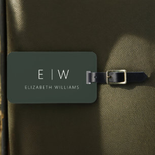 Étiquette À Bagage Vert foncé Élégant Moderne Minimaliste Monogramme 