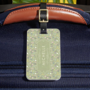 Étiquette À Bagage Vert sauge Fleurs roses et blanches Motif floral b