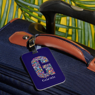 Étiquette À Bagage Vert violet jaune floral Monogramme initial G bleu