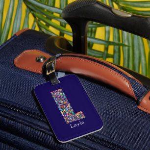 Étiquette À Bagage Vert violet jaune floral Monogramme initial L bleu
