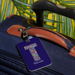 Étiquette À Bagage Vert violet jaune floral Monogramme initial T bleu