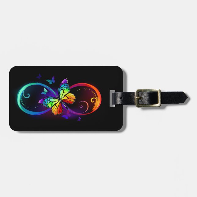 Étiquette À Bagage Vibrant infinity with rainbow butterfly on black (Devant horizontal)