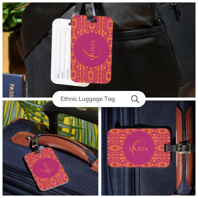 Étiquette À Bagage Vibrant violet orange mosaïque ethnique géométriqu (Vibrant Purple Orange Ethnic Mosaic Geometric Luggage Tag)