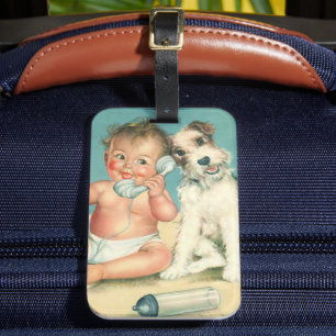 Étiquette À Bagage Vintage mignonne bébé parler sur téléphone Chien c