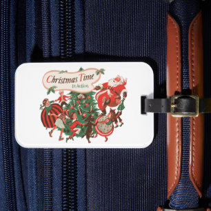 Étiquette À Bagage Vintage Noël Père Noël et enfants dansants