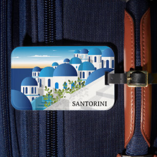 Étiquette À Bagage Vintage Santorin Grèce Bleu Blanc