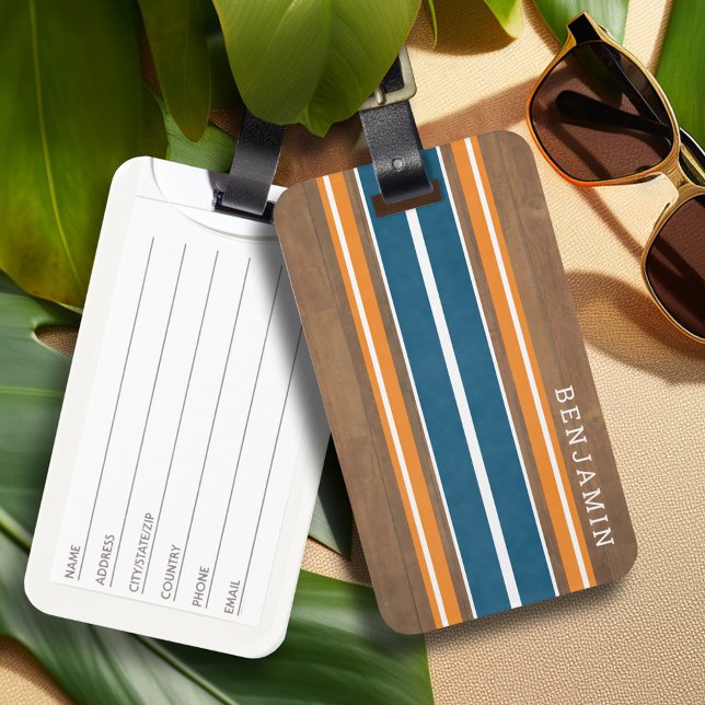 Étiquette À Bagage Vintage Surfboard Stripes - Subtle Wood Arrière -  (Personalized Luggage Tag with a vintage surfboard design)