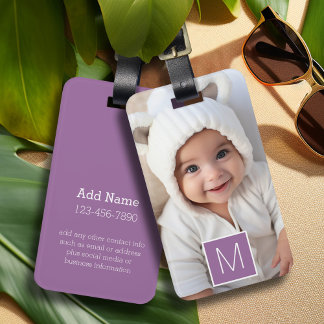 Étiquette À Bagage Violet Blanc 1 Photo Collage Personnalisé Monogram